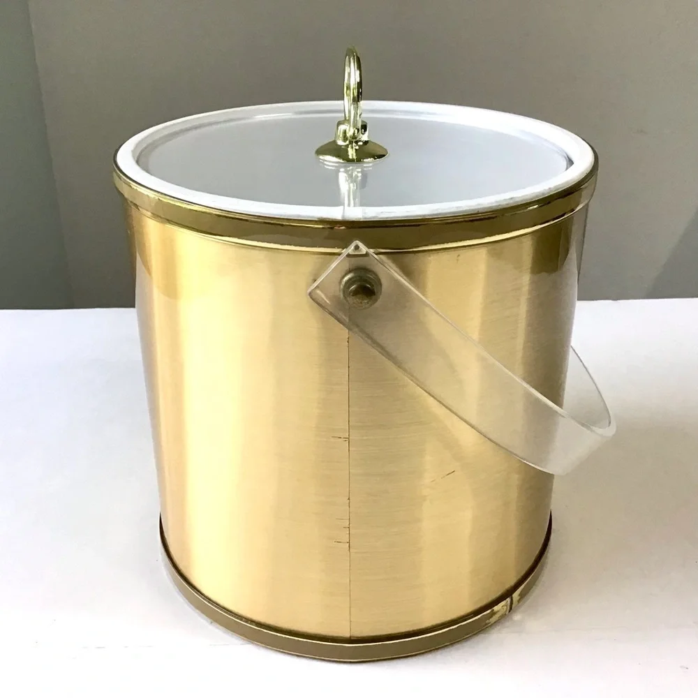Vintage Drulane Ice Bucket Gold with Clear Handle & Lid 1980s Towle Co USA Made